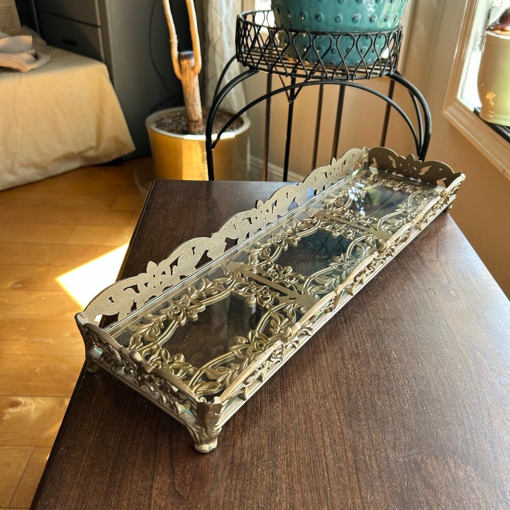 Vintage ornate gilt-metal glass vanity tray floral filigree 21”